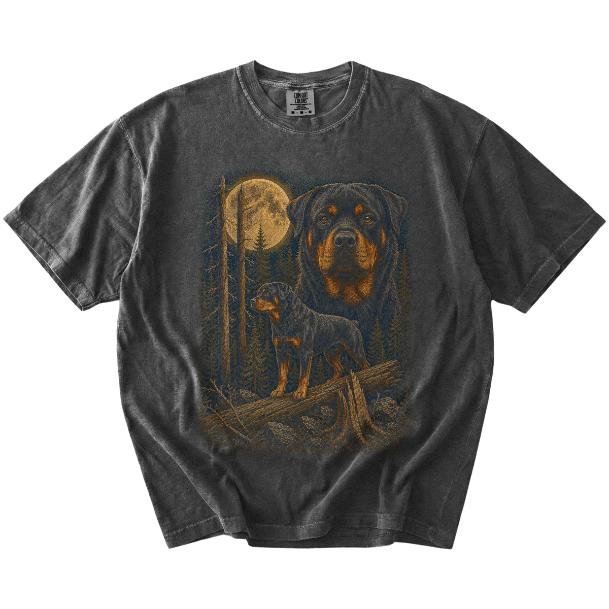 Rottweiler in a full-color moonlit forest on a Pepper t-shirt
