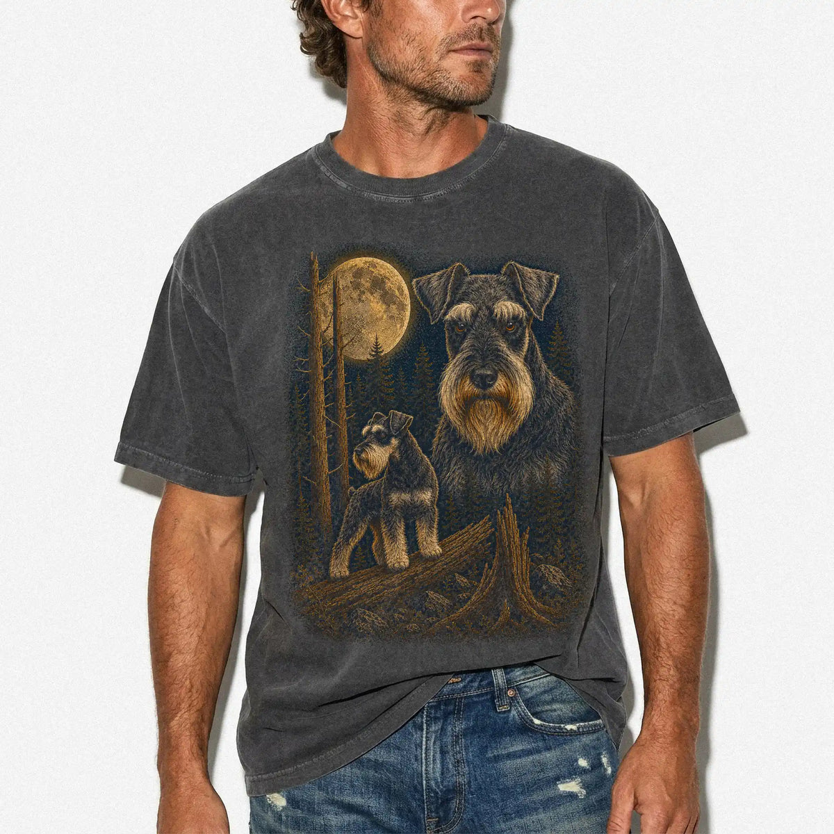 Person wearing a Pepper Schnauzer full-color Moonlit Forest t-shirt