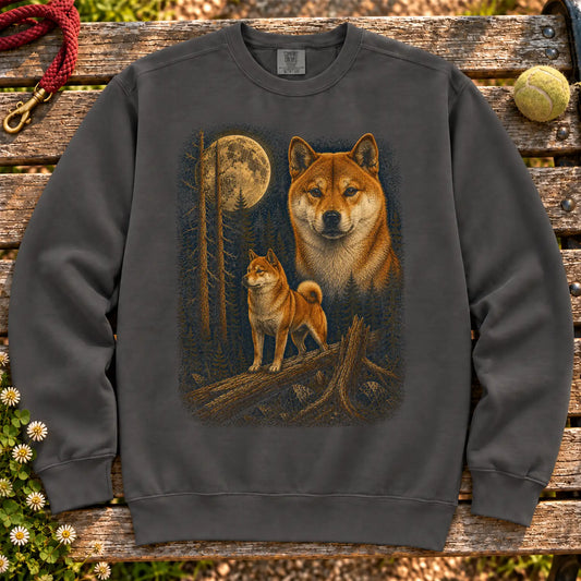 Shiba Inu Wildwood Moon design on a Pepper crewneck sweatshirt shown flat