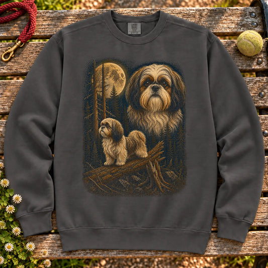 Shih Tzu Wildwood Moon design on a Pepper crewneck sweatshirt shown flat