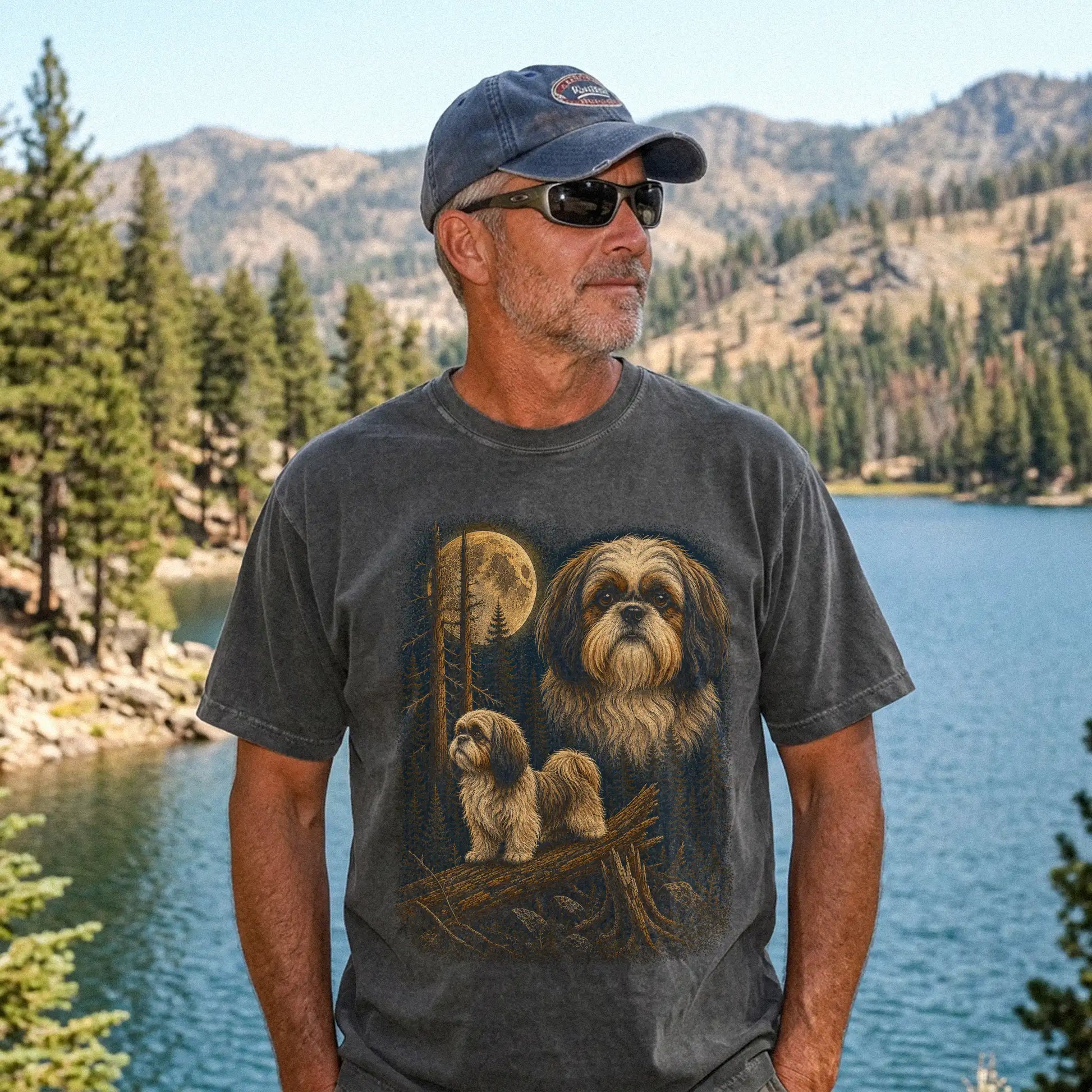 Person wearing a Pepper Shih Tzu full-color Moonlit Forest t-shirt