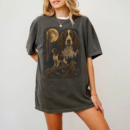Person wearing a Pepper Springer Spaniel full-color Moonlit Forest t-shirt