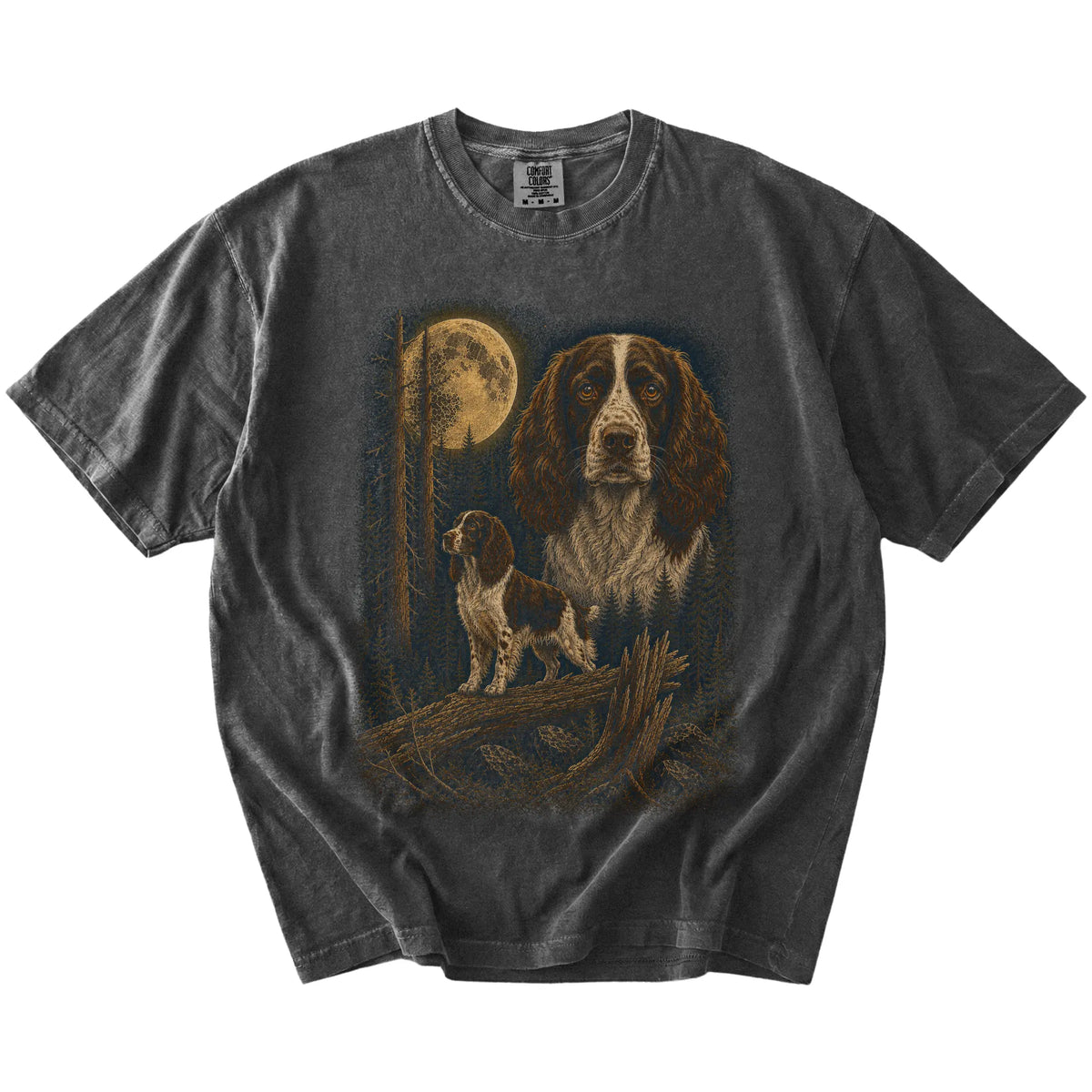 Springer Spaniel in a full-color moonlit forest on a Pepper t-shirt
