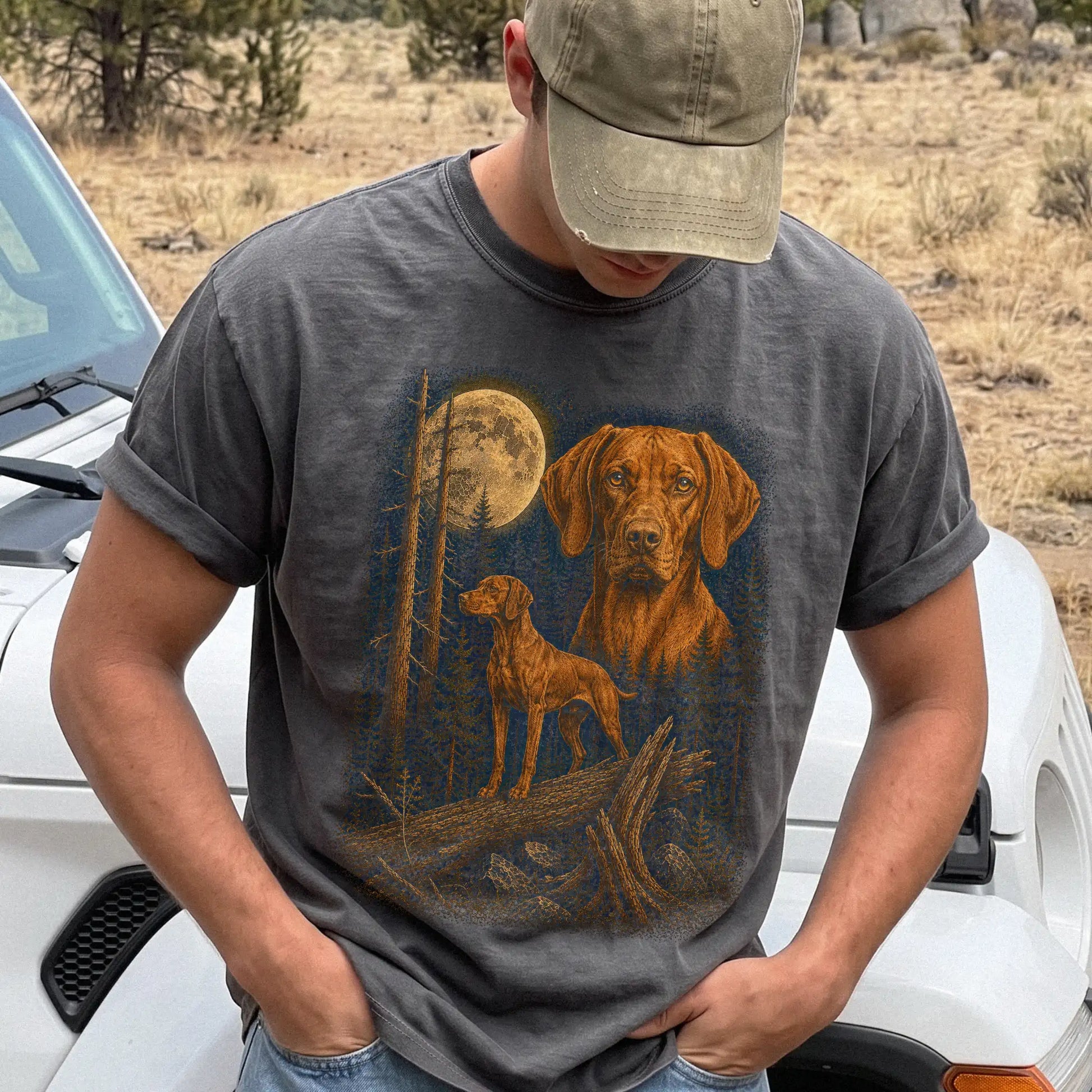 Person wearing a Pepper Vizsla full-color Moonlit Forest t-shirt