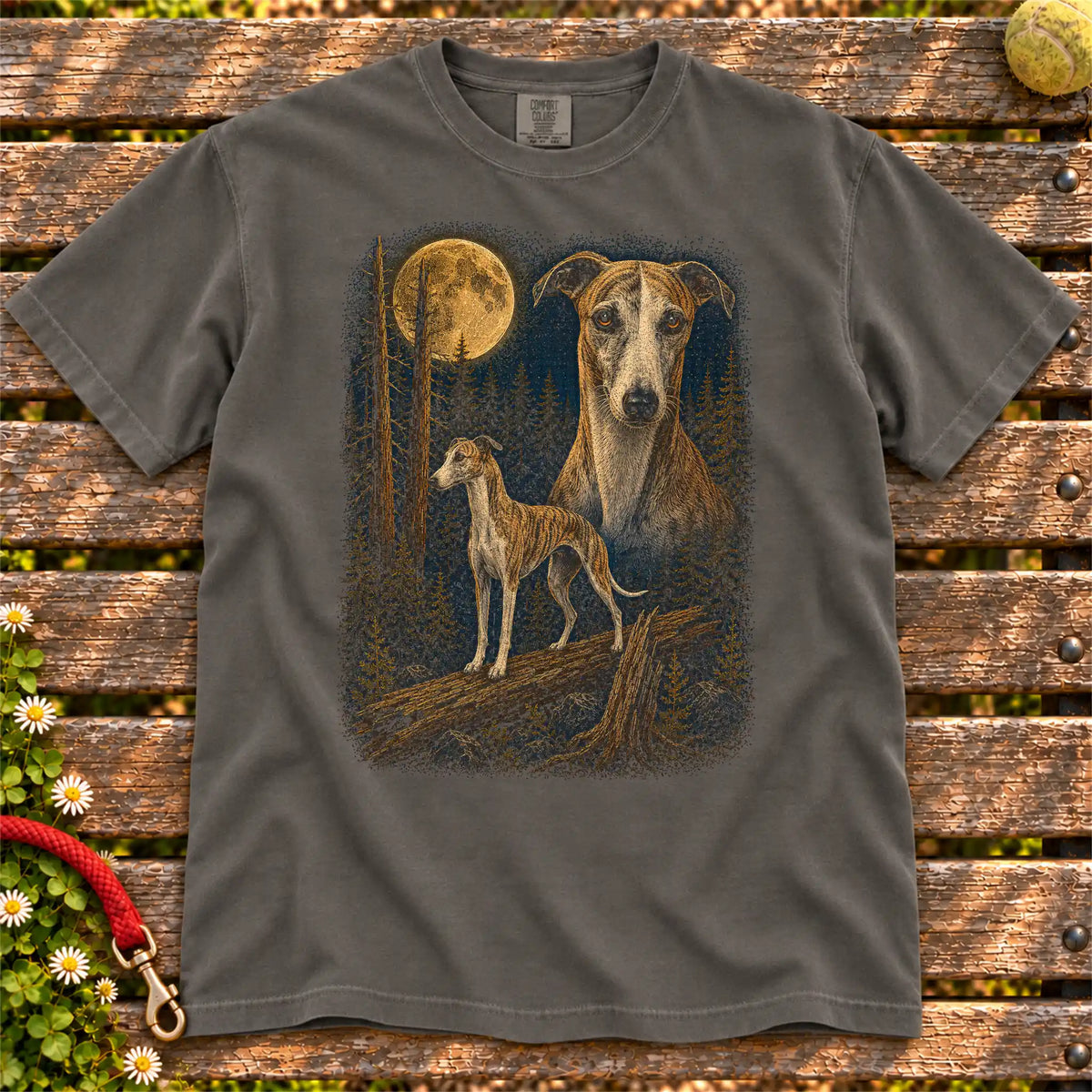 Whippet Wildwood Moon design on a Pepper T-shirt shown flat
