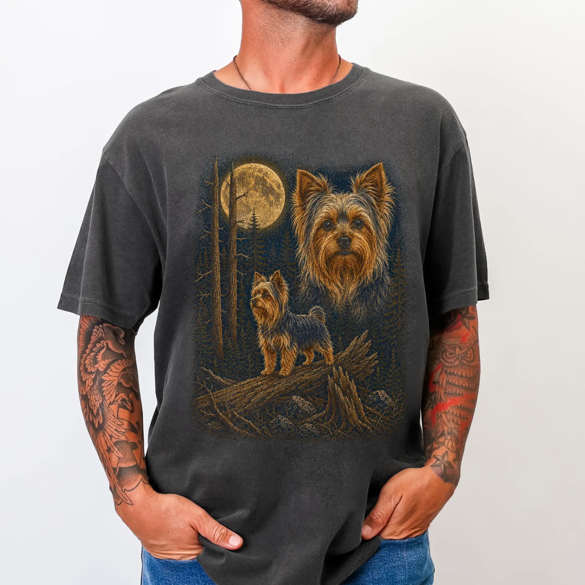 Person wearing a Pepper Yorkie full-color Moonlit Forest t-shirt