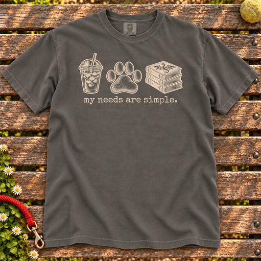 My Needs Are Simple coffee, dogs, and dragon books design on a Pepper Comfort Colors T-shirt