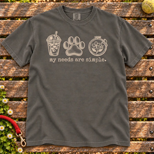 My Needs Are Simple coffee, dogs, and embroidery design on a Pepper Comfort Colors T-shirt
