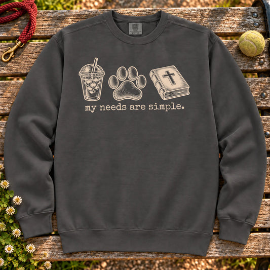 My Needs Are Simple coffee, dogs, and faith design on a Pepper Comfort Colors sweatshirt
