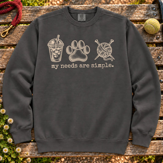 My Needs Are Simple coffee, dogs, and knitting design on a Pepper Comfort Colors sweatshirt