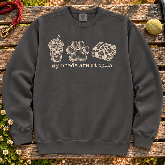 My Needs Are Simple coffee, dogs, and quilting design on a Pepper Comfort Colors sweatshirt