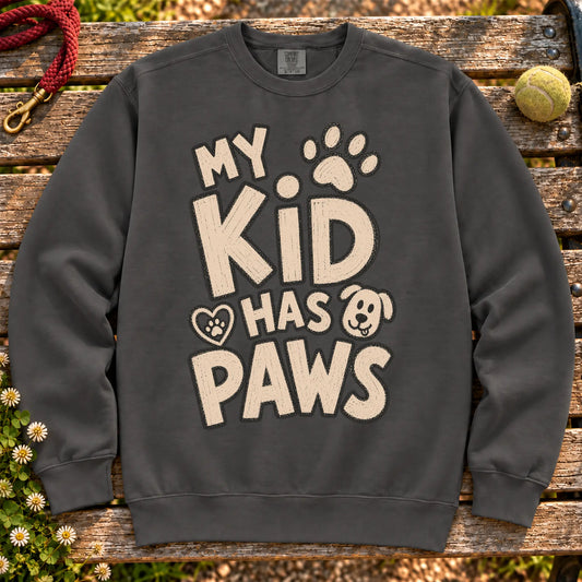 My kid has paws on a Pepper crewneck sweatshirt, shown flat