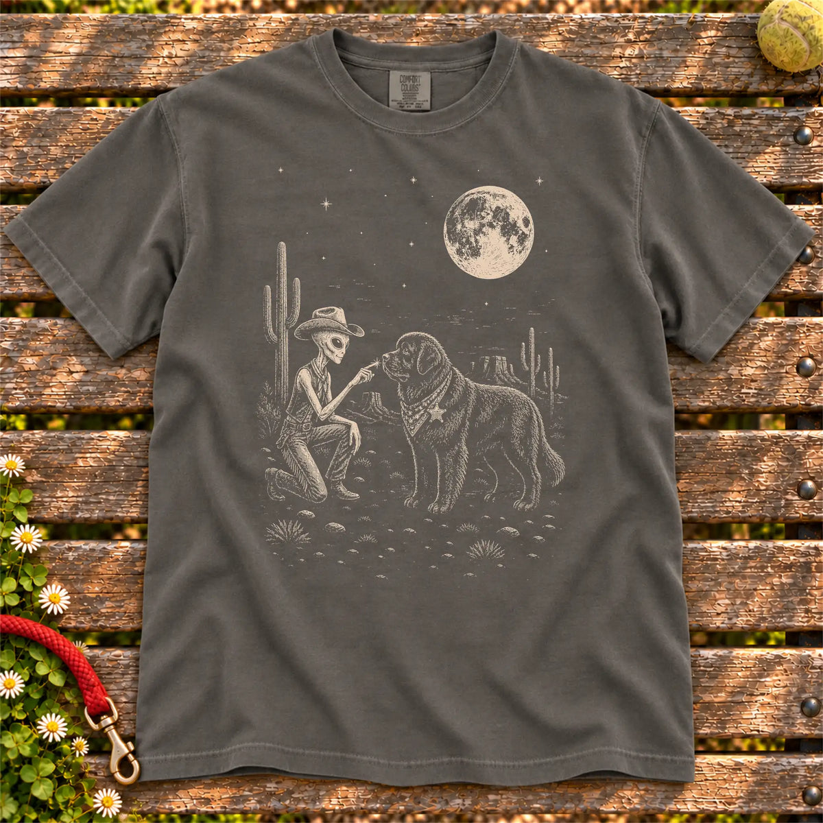 Newfie Cowboy and Alien on a Pepper T-shirt, shown flat
