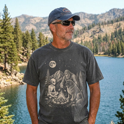 Model wearing a Pepper Comfort Colors® T-shirt showing Newfie camping with Bigfoot and an alien