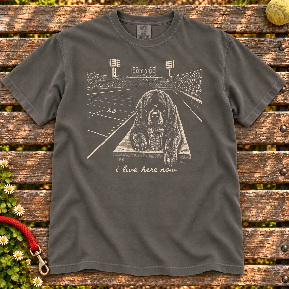 Newfie Iced Coffee Football design on a Pepper Comfort Colors T-shirt, shown flat