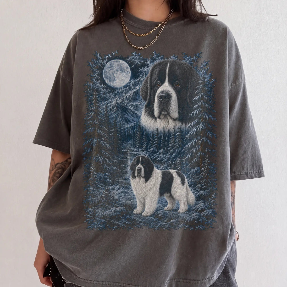 Person wearing a Pepper Newfie winter forest t-shirt