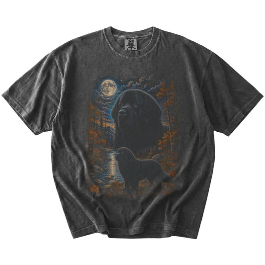 Newfie in a moonlit fall forest scene on a Pepper Comfort Colors® t-shirt