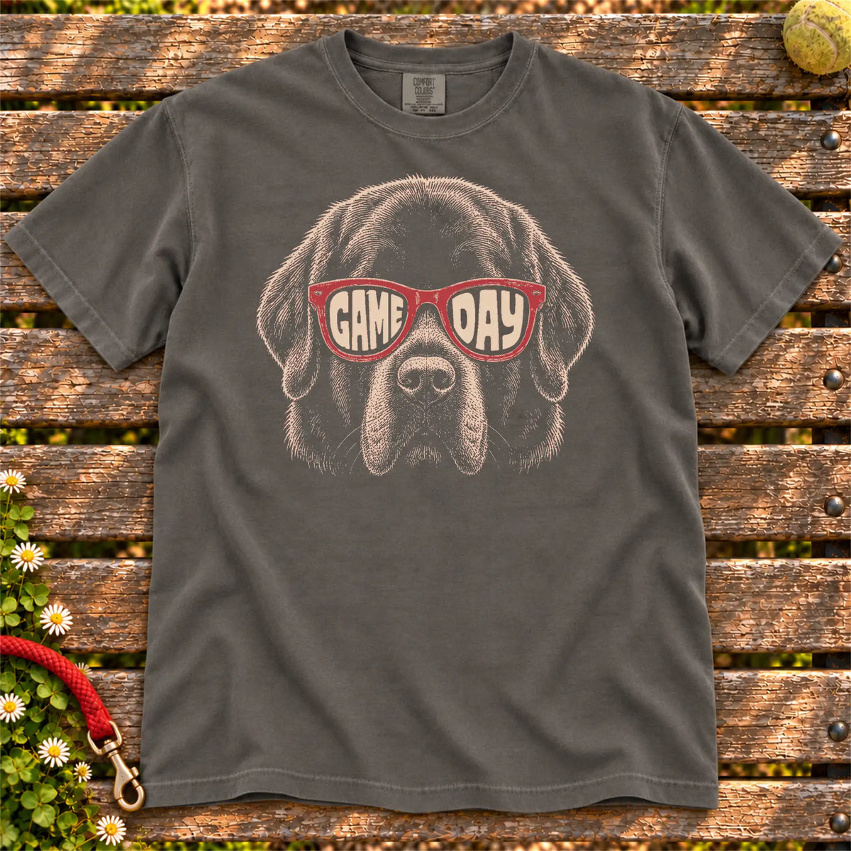 Newfie Game Day design on a Pepper Comfort Colors T-shirt, shown flat
