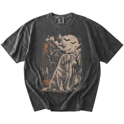 Newfie in a vintage haunted-house scene on a Pepper Comfort Colors® T-shirt