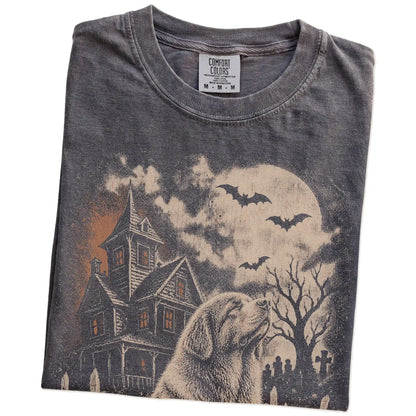 Folded Pepper Comfort Colors® T-shirt showing Newfie in a vintage haunted-house scene