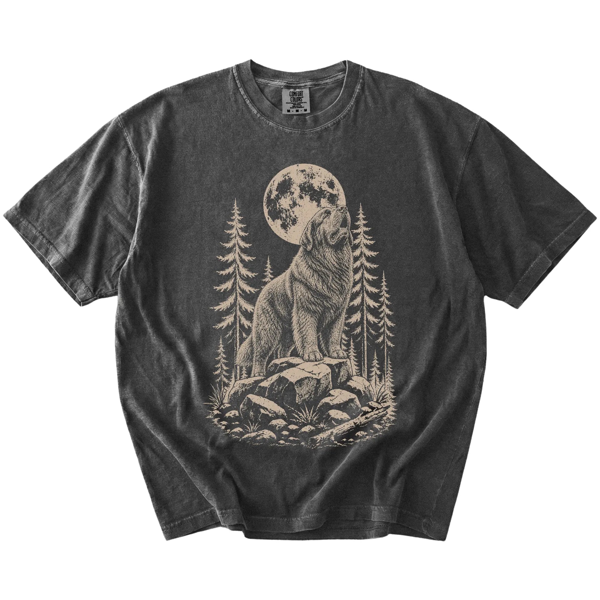 Newfie howling beneath the moon and pine trees on a Pepper Comfort Colors® T-shirt