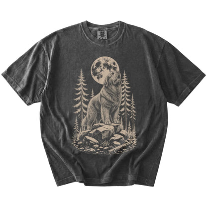Newfie howling beneath the moon and pine trees on a Pepper Comfort Colors® T-shirt