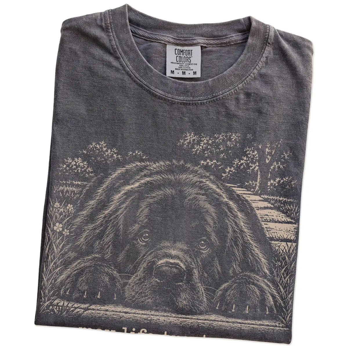 Newfie Karma Comfort Colors T-shirt in Pepper — Folded Detail