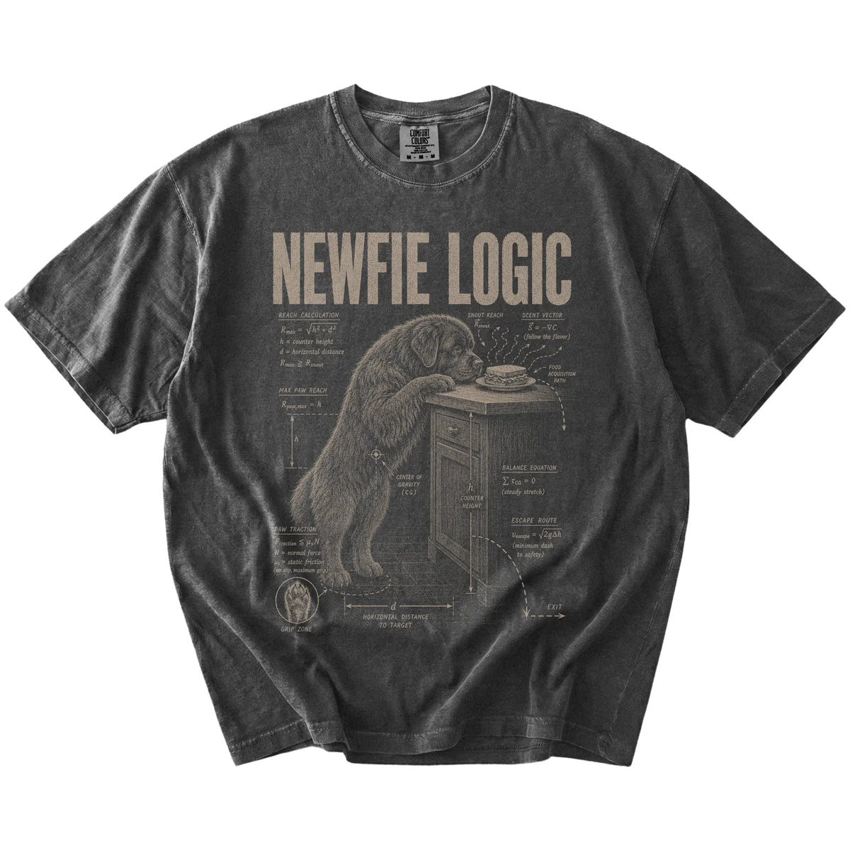 Pepper Newfie Logic t-shirt laid flat