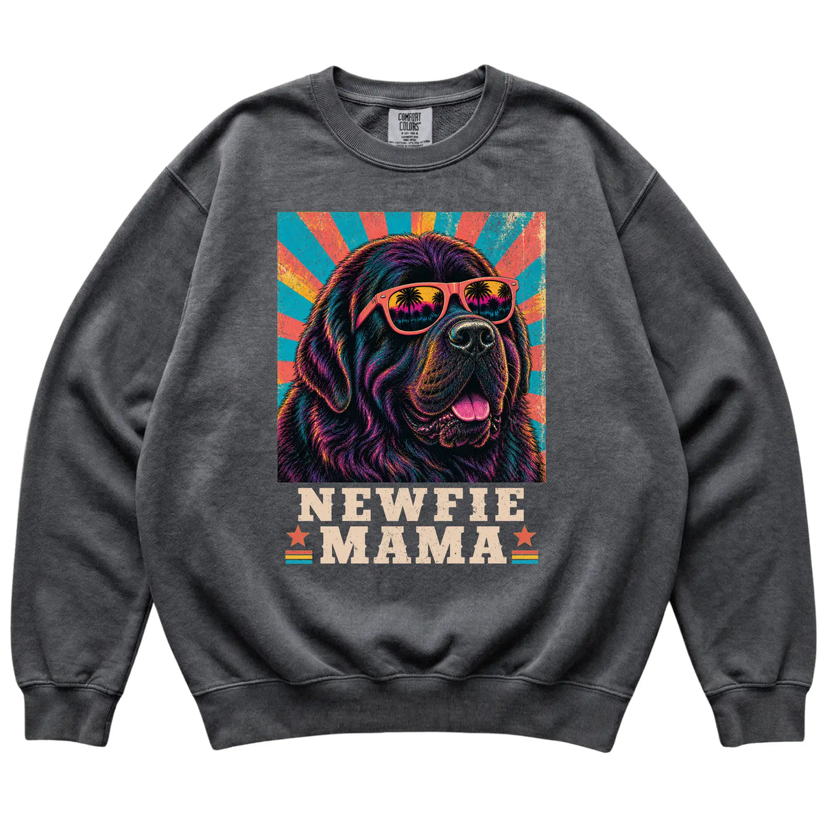 Retro Newfie Mama design on a Pepper Comfort Colors sweatshirt
