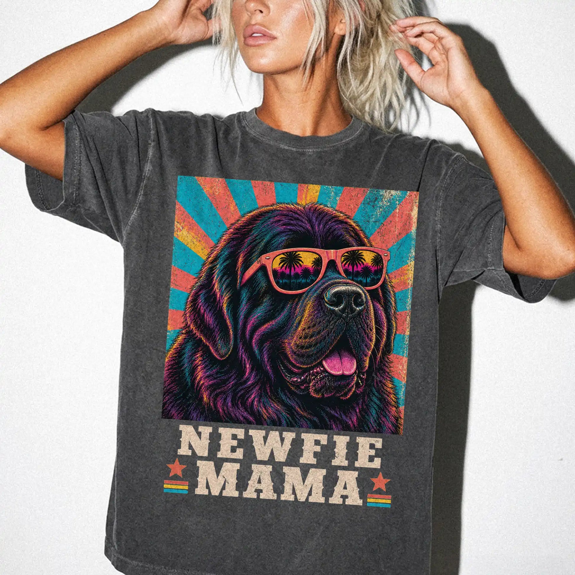 Retro Newfie Mama design on a Pepper Comfort Colors T-shirt worn by a model