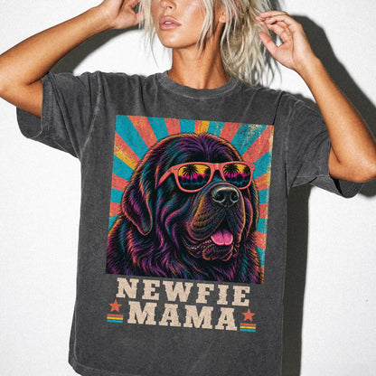 Retro Newfie Mama design on a Pepper Comfort Colors T-shirt worn by a model