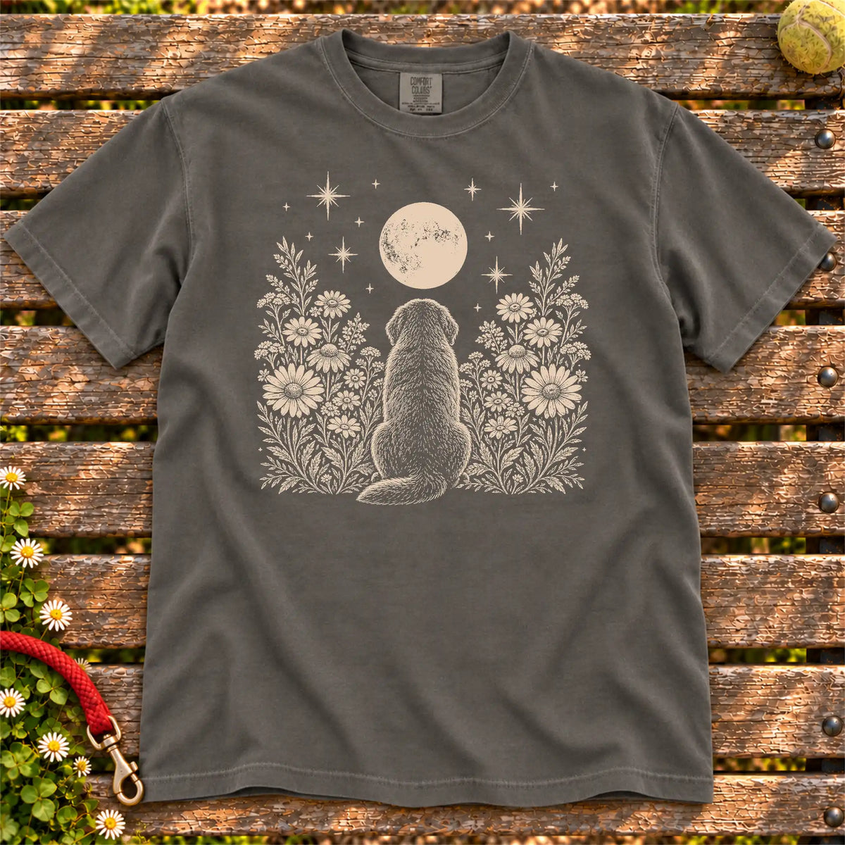 Newfie Moon Garden on a Pepper T-shirt, shown flat