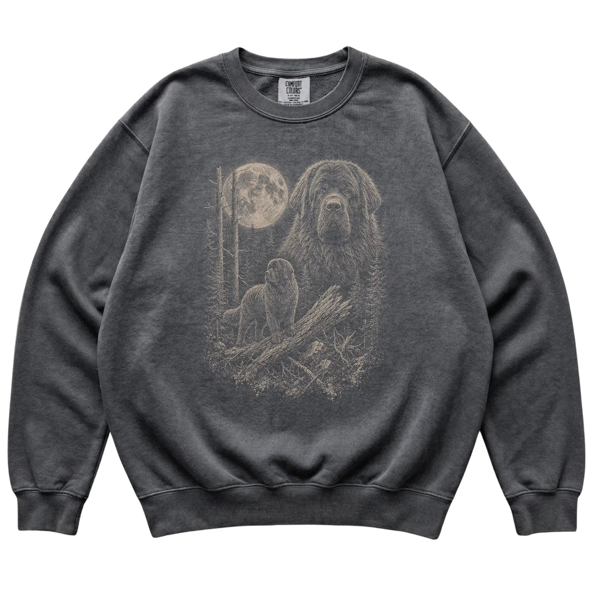 Pepper Newfie Moonlit Forest Comfort Colors sweatshirt, flat view