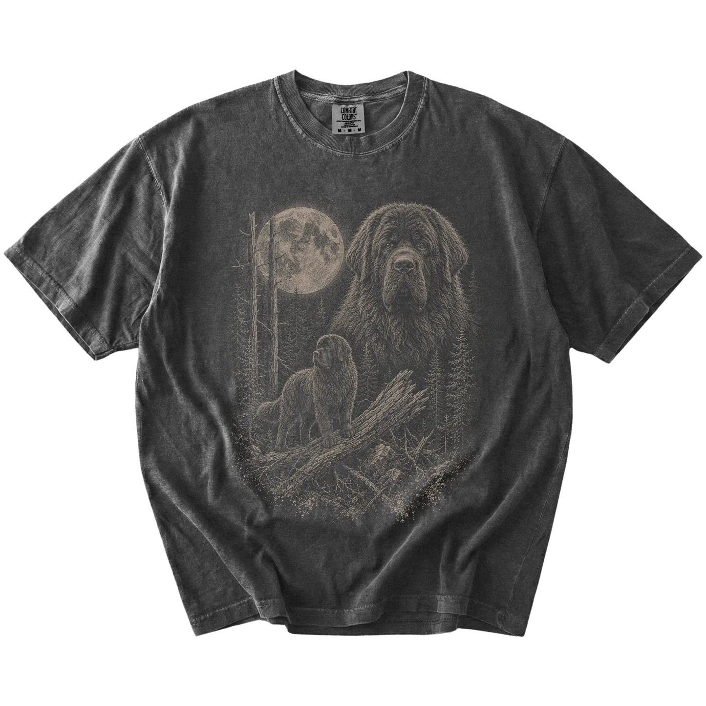 Pepper Newfie Moonlit Forest T-Shirt laid flat