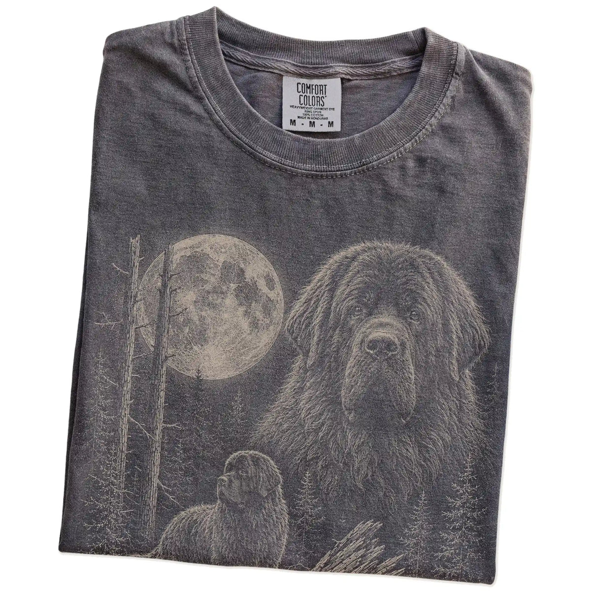 Folded Pepper Newfie Moonlit Forest T-Shirt showing the graphic