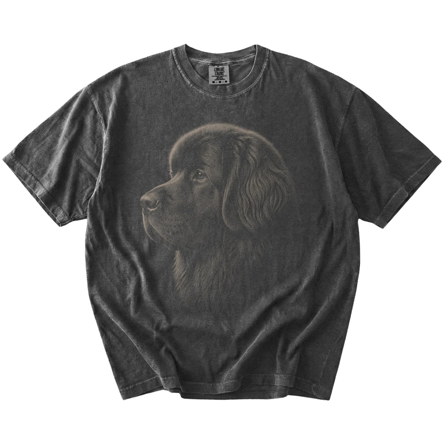 A detailed photographic portrait of a Newfie on a Pepper Comfort Colors® T-shirt