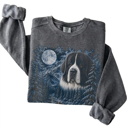 Folded pepper sweatshirt with Newfie Winter Moon artwork.