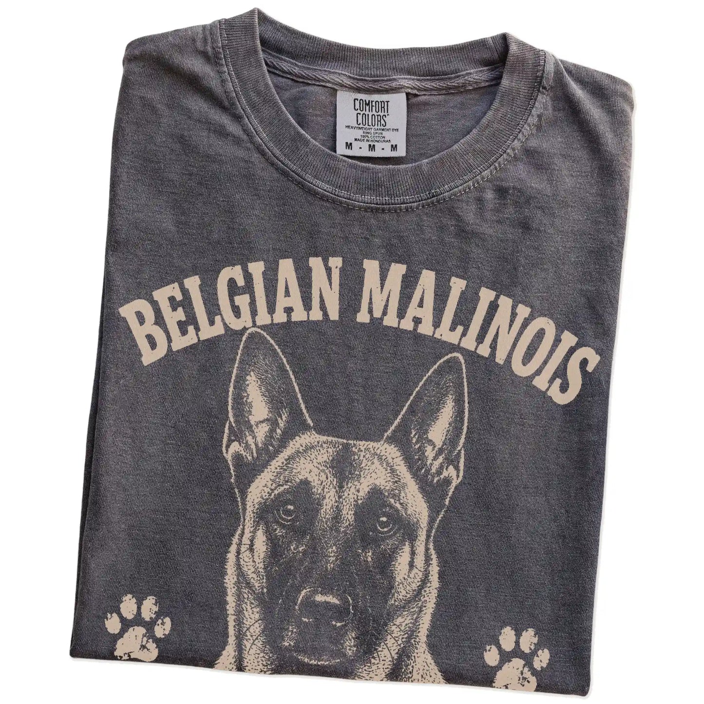 Folded Pepper Comfort Colors® T-shirt showing Belgian Malinois design with “No Off Switch, No Problem” lettering