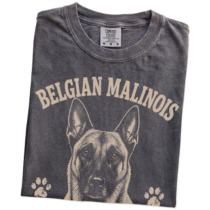 Folded Pepper Comfort Colors® T-shirt showing Belgian Malinois design with “No Off Switch, No Problem” lettering
