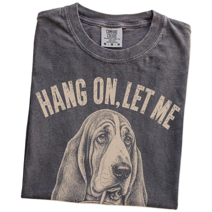 Folded Pepper Overthinking Basset Hound T-Shirt showing the graphic