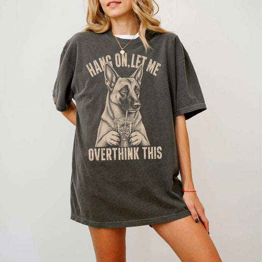 Woman wearing a Pepper Overthinking Belgian Malinois T-Shirt