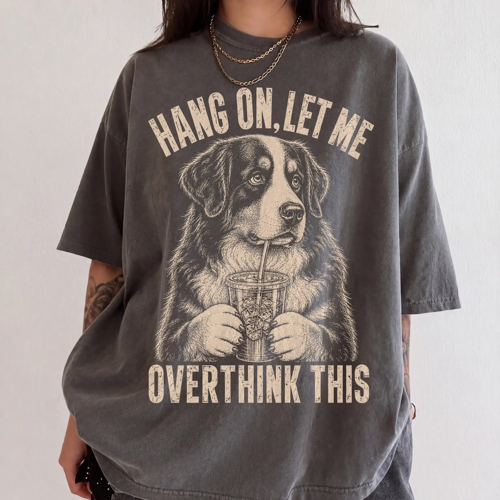 Woman wearing a Pepper Overthinking Bernese Mountain Dog T-Shirt