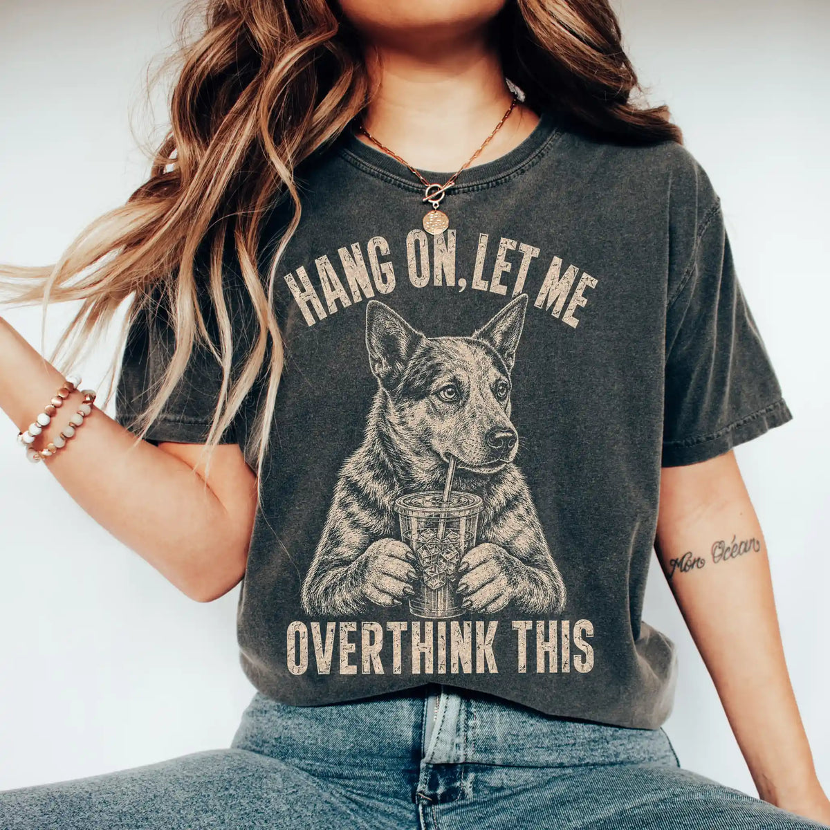 Woman wearing a Pepper Overthinking Blue Heeler T-Shirt