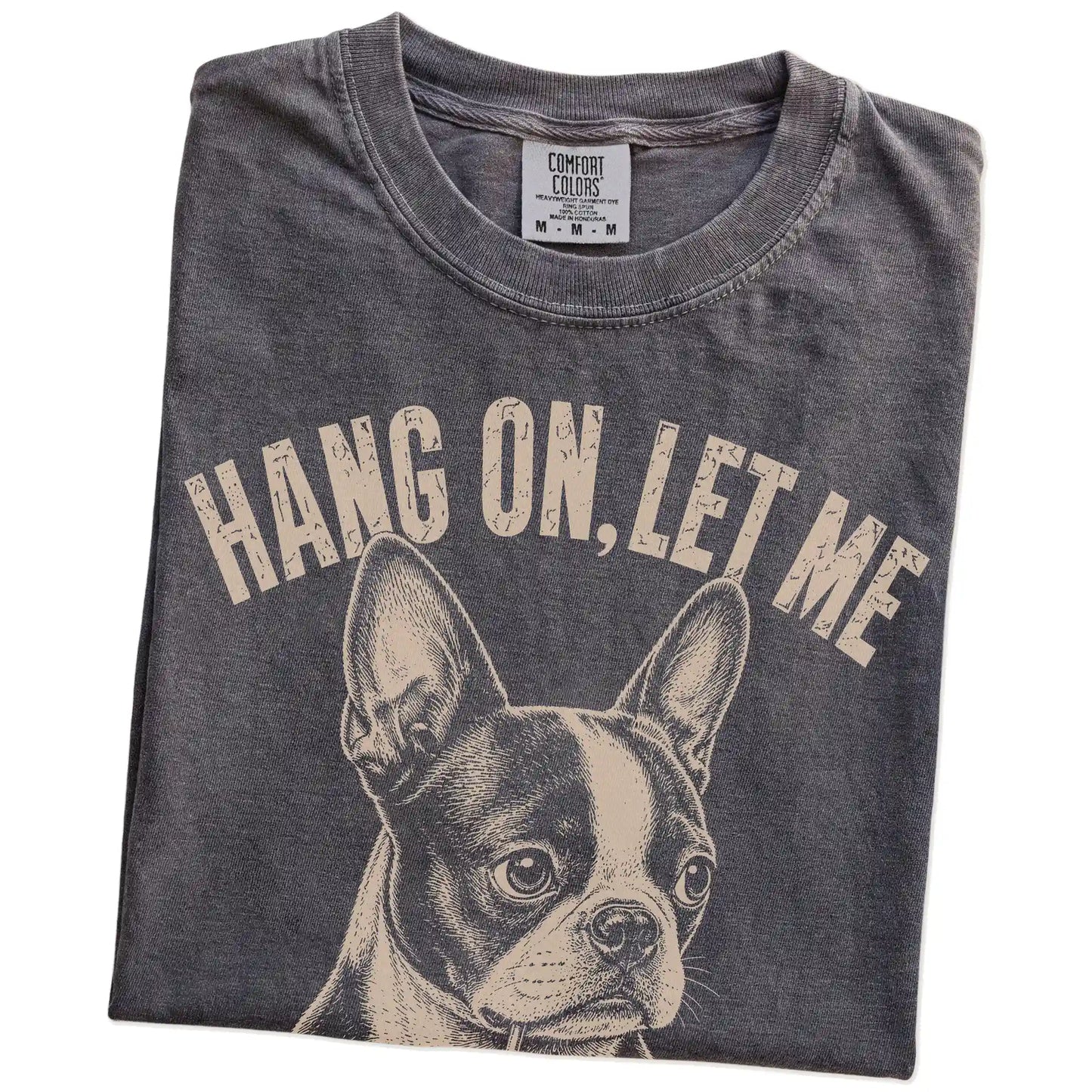 Folded Pepper Overthinking Boston Terrier T-Shirt showing the graphic