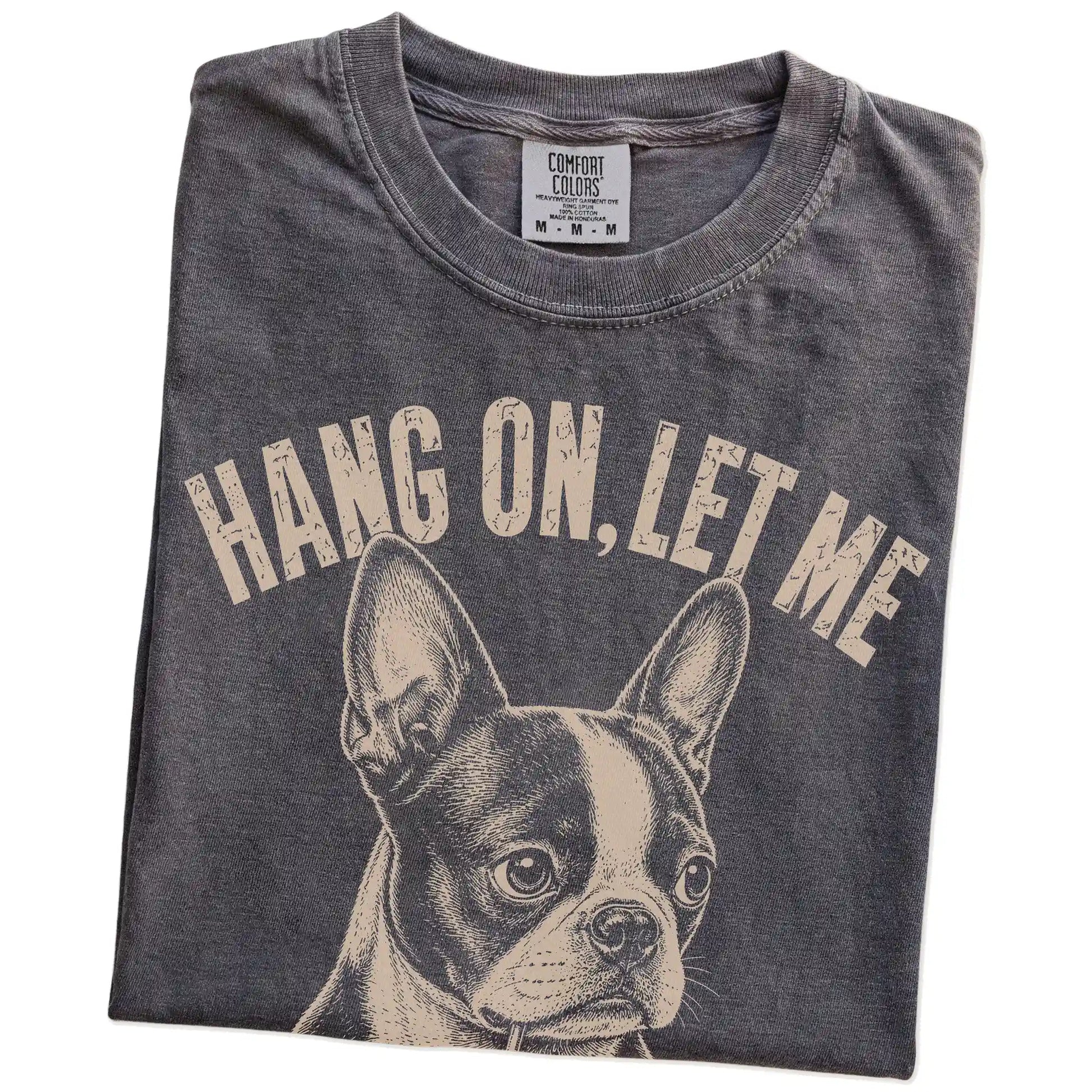 Folded Pepper Overthinking Boston Terrier T-Shirt showing the graphic