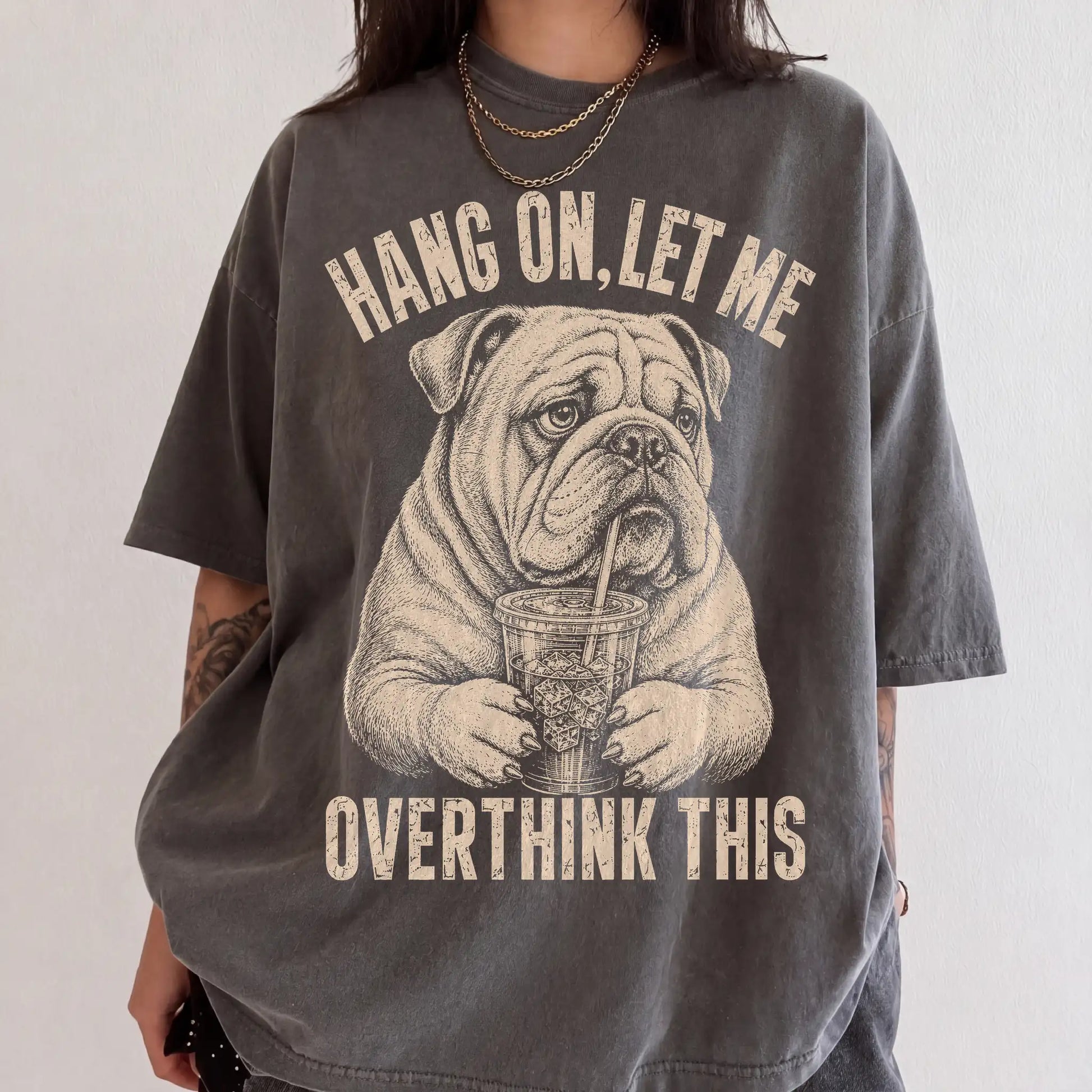 Woman wearing a Pepper Overthinking Bulldog T-Shirt