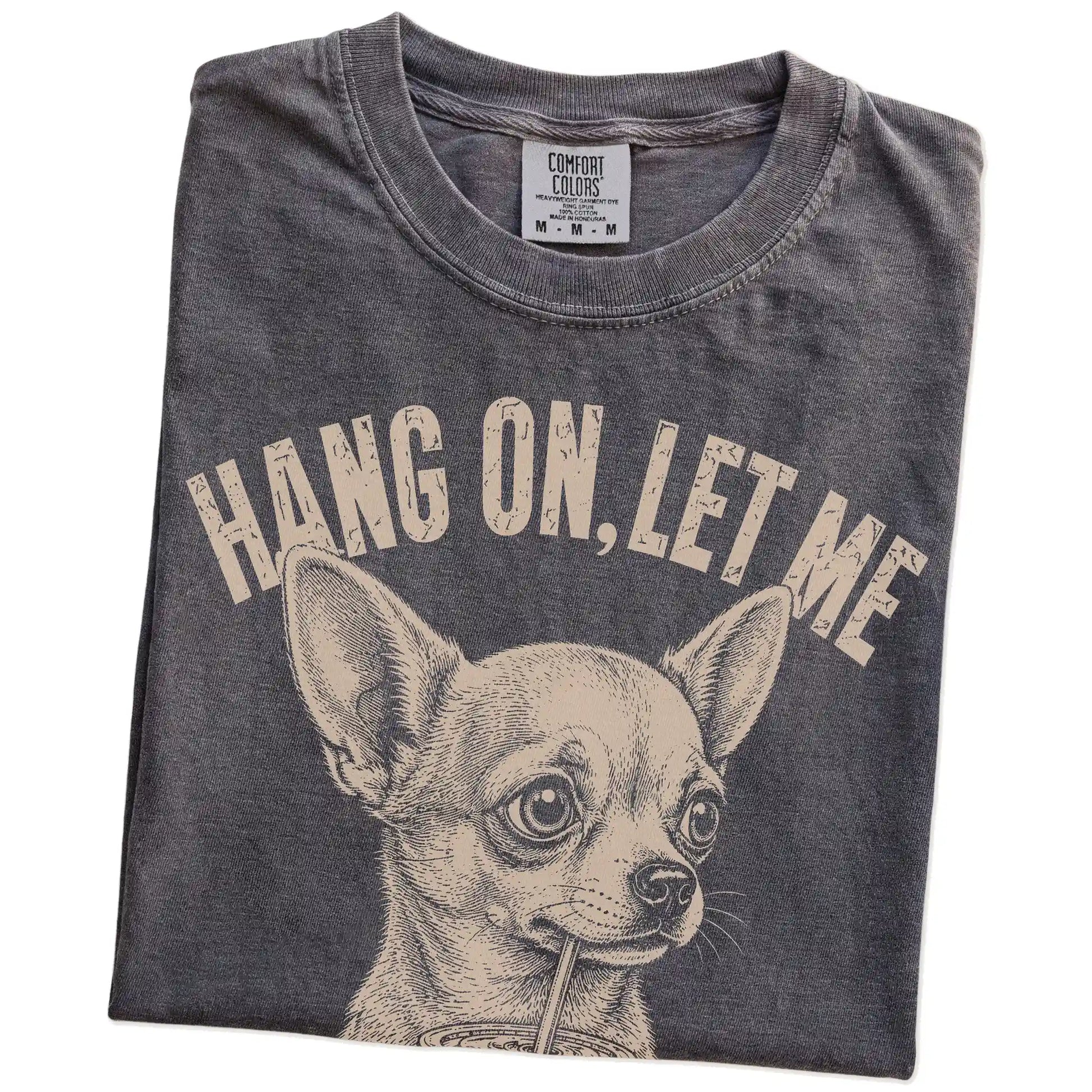 Folded Pepper Overthinking Chihuahua T-Shirt showing the graphic