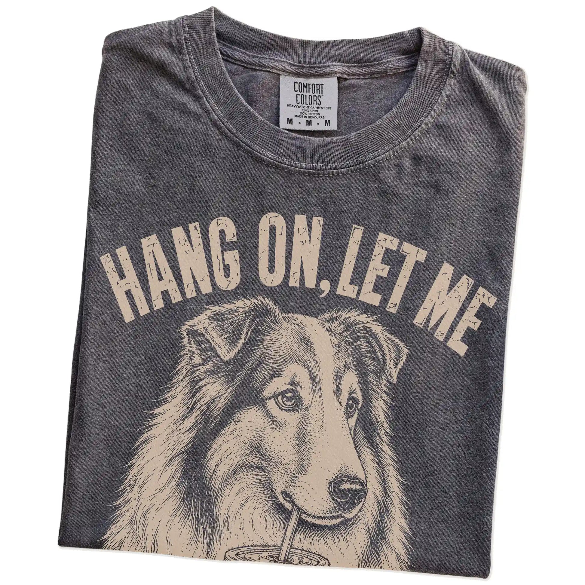 Folded Pepper Overthinking Collie T-Shirt showing the graphic