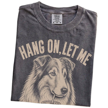 Folded Pepper Overthinking Collie T-Shirt showing the graphic