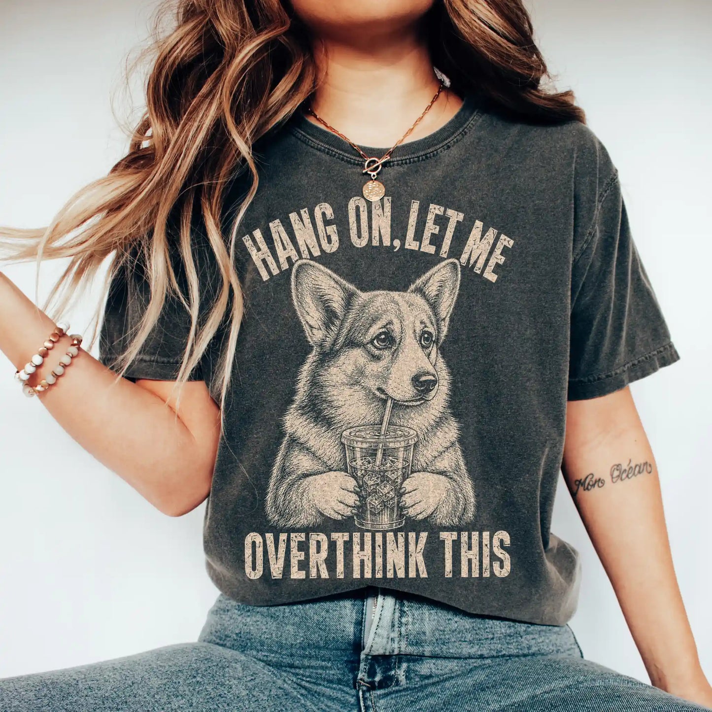 Woman wearing a Pepper Overthinking Corgi T-Shirt